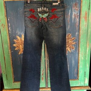 Boho Hippie Festival Embroidered Flare Jeans with Butterfly Flame Peace